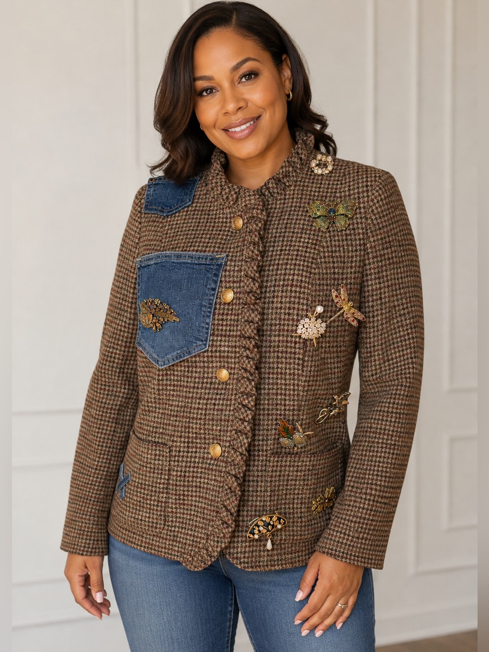 Upcycled Brown checkered brooch blazer Jacket with Denim Accents size 8